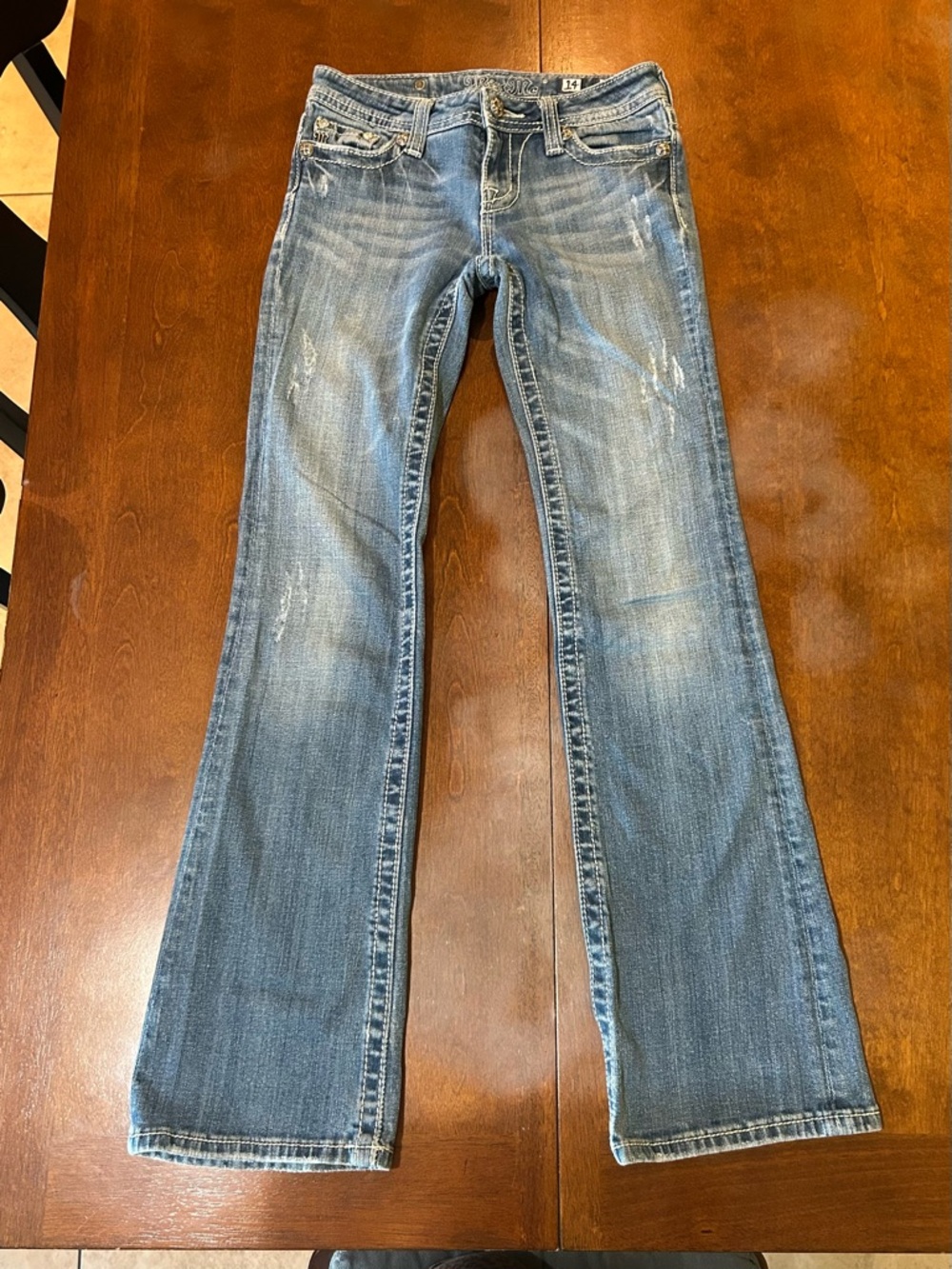 Miss Me Girls Bootcut Jeans Blue Size 14 Embroidered Pockets Denim Medium Wash